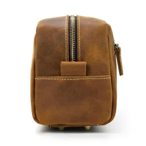 Classic brown genuine leather toiletry bag, large capacity retro cosmetic organizer pouch for men.