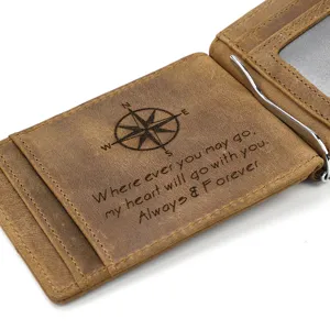 Minimalistischer Echtleder Kartenetui Bifold Geldscheinklammer mit Lasergravur Kompass Spruch