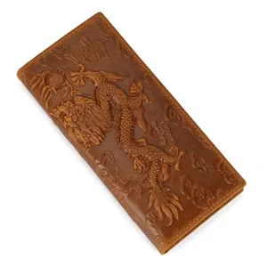 Detailed close-up view of genuine leather men's long wallet featuring embossed dragon retro design.
