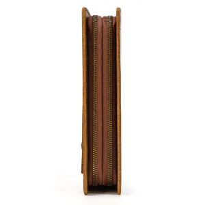 Leather wallet side detail showing dual zippers and durable stitching craftsmanship.