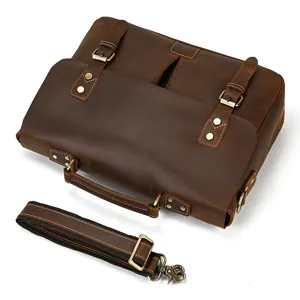 Detailed view of dark brown genuine leather men briefcase retro shoulder bag hardware.