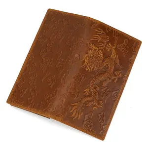 Premium genuine leather long wallet for men with vintage embossed dragon pattern design.