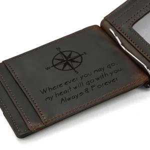 Echtleder Geldklammer Portemonnaie Bifold Kartenetui mit personalisierter Lasergravur Kompass.