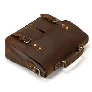 Men's vintage crazy horse leather briefcase laptop handbag detail view, premium texture.
