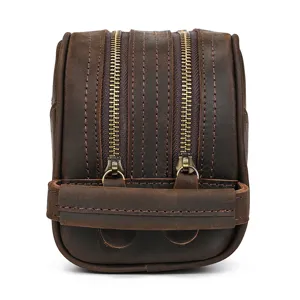 Genuine crazy horse leather toiletry bag detail view, premium brown double zipper pouch.