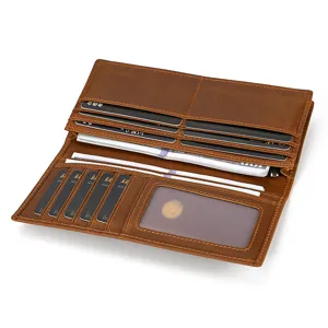 Detailed view of brown leather long wallet featuring multiple card slots and clear ID window.