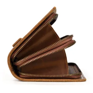 Vintage genuine leather wallet multi-layer zipper clutch bag, retro brown cowhide purse.