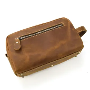 Genuine leather retro toiletry bag large capacity multifunctional men clutch wash bag