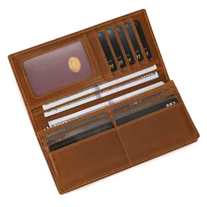 Men's genuine leather long wallet vintage bifold multi-card holder casual purse brown