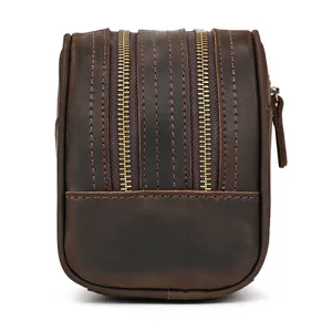 Vintage crazy horse leather toiletry bag double zipper cowhide pouch cosmetic organizer storage