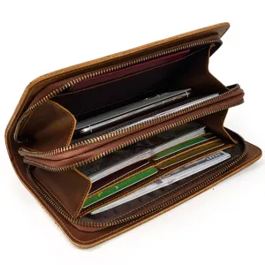 Vintage genuine leather long wallet for men women multi functional zipper large capacity
