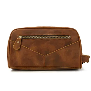 Vintage crazy horse leather toiletry bag men women genuine cowhide clutch cosmetic pouch