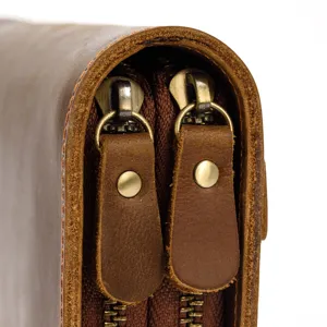 Genuine leather vintage wallet detail, multi-function crazy horse leather clutch texture display.