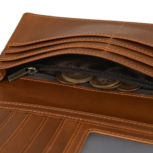 Brown leather wallet interior detail showing multi card slots and convenient zipper coin pocket.
