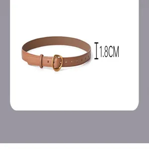 Detailed view of a brown leather belt with metal buckle, highlighting the 1.8cm slim width.