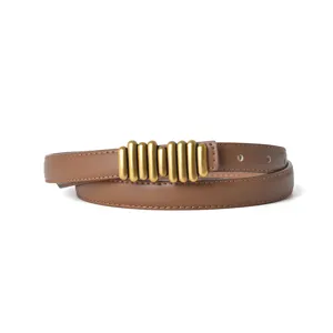 Classic brown leather belt for women featuring a stylish gold brass buckle for daily wear.
