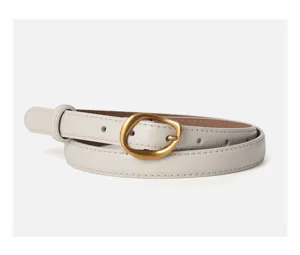 Elegant women's retro leather belt with unique irregular gold metal buckle for daily wear.