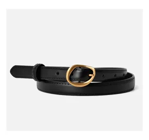 Elegant black leather belt for women with unique irregular gold metal buckle daily wear.