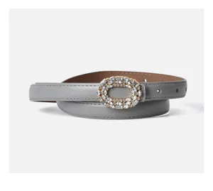 Elegant grey women leather belt with sparkling rhinestone oval buckle for jeans dresses.