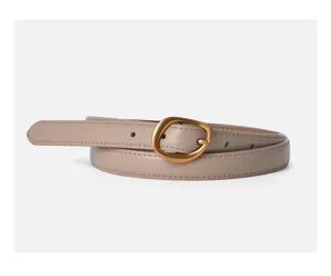 Women's vintage leather belt with irregular matte gold buckle casual slim belt for jeans