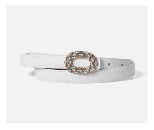 White leather belt with sparkling rhinestone oval buckle detail for women fashion style