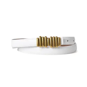 Minimalist white leather women belt featuring unique gold metal bar buckle design for daily wear.