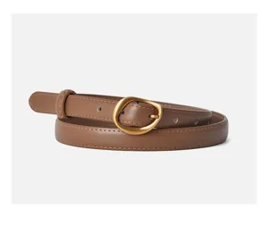 Women vintage brown leather belt with irregular gold buckle, elegant casual waist accessory.