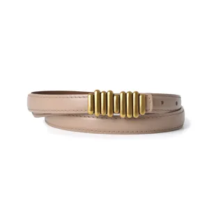 Stylish women genuine leather belt with chic gold metal bar decor versatile jeans accessory