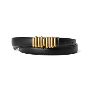 Stylish black leather belt for women with unique gold metal buckle chic waist accessory