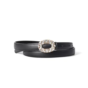 Women Black Leather Belt Rhinestone Oval Buckle Casual Jeans Dress Belt Accessories