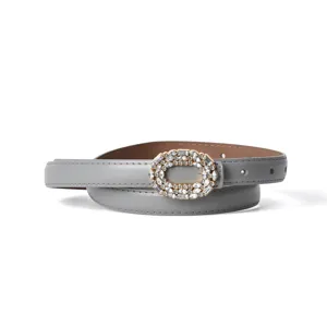 Women gray leather belt with rhinestone oval buckle stylish fashion accessory waist strap