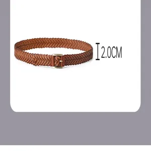 Detail view of the brown woven leather belt showcasing its 2.0cm width and texture.