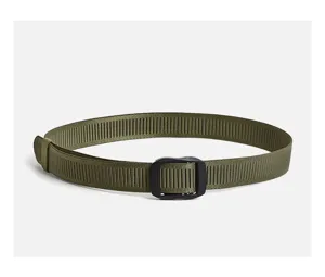 Detail view of durable green nylon tactical belt with smooth buckle for training and outdoor use.