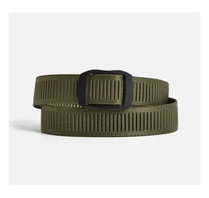 Close-up of the olive green nylon tactical belt showing ribbed texture and black buckle.