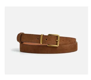 Detailed view of a brown suede leather women's belt with a vintage brass metal buckle.