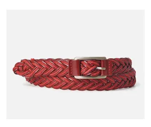 Detail shot of red braided leather women belt with metal buckle, slim hole-free design.