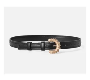 Close-up of the elegant black leather belt featuring a unique gold metallic buckle and dual loops.