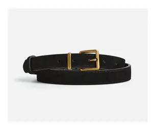 Black suede leather belt closeup showing premium texture and golden buckle details.