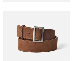 Detailed view of stylish brown suede leather women belt featuring silver alloy buckle.