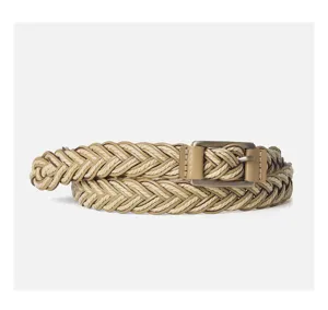 Detailed view of a woven women's belt with a metallic buckle, perfect for dresses and casual pants.
