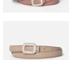 Damen Echtleder schöner schmaler Gürtel mit funkelnden Strass Schnalle für Jeans Kleid Detail