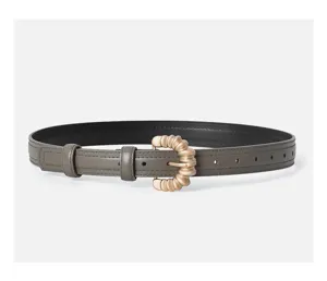 Women's fashion pin buckle belt detailed view, elegant grey leather with unique gold buckle.