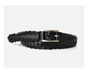 Black braided leather belt detail, stylish thin women's belt for casual pants and dresses.