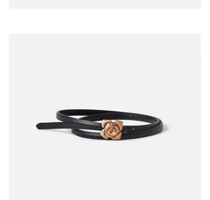 Women thin genuine leather belt with elegant flower buckle for fashionable waist outfit