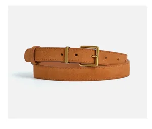 Brown suede genuine leather women belt with metal buckle, casual stylish waist accessory.