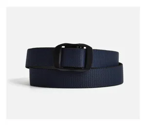 Tactical nylon belt detail showing durable dark blue fabric and smooth black buckle design.