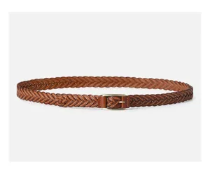 Vintage woven women's leather belt featuring a metal buckle, perfect for casual dresses.