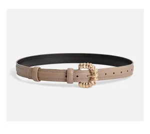 Stylish women belt with gold pin buckle, elegant taupe leather accessory for jeans.