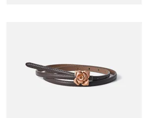 Elegant brown thin leather belt with metal rose flower buckle for dresses and sweaters.
