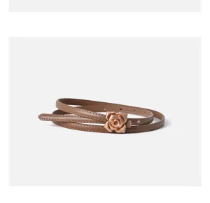 Elegant women's thin leather belt featuring a chic rose flower metal buckle for dresses.